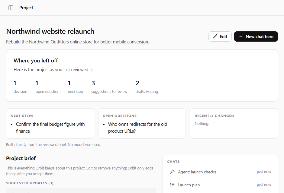 A project page with a where-you-left-off summary and brief items awaiting review
